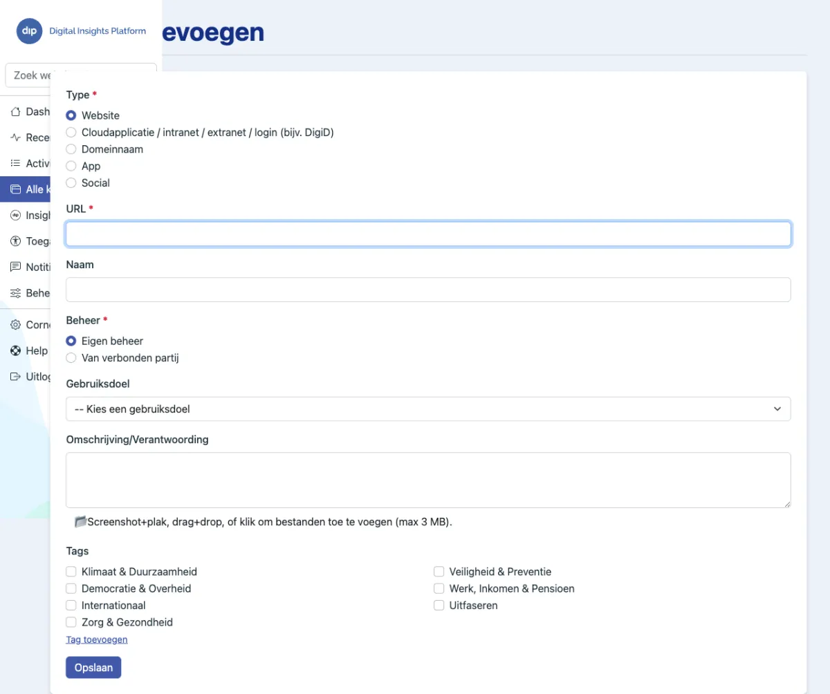 Formulier voor het toevoegen van een website: type, URL, naam, beheer, gebruiksdoel, omschrijving en tags